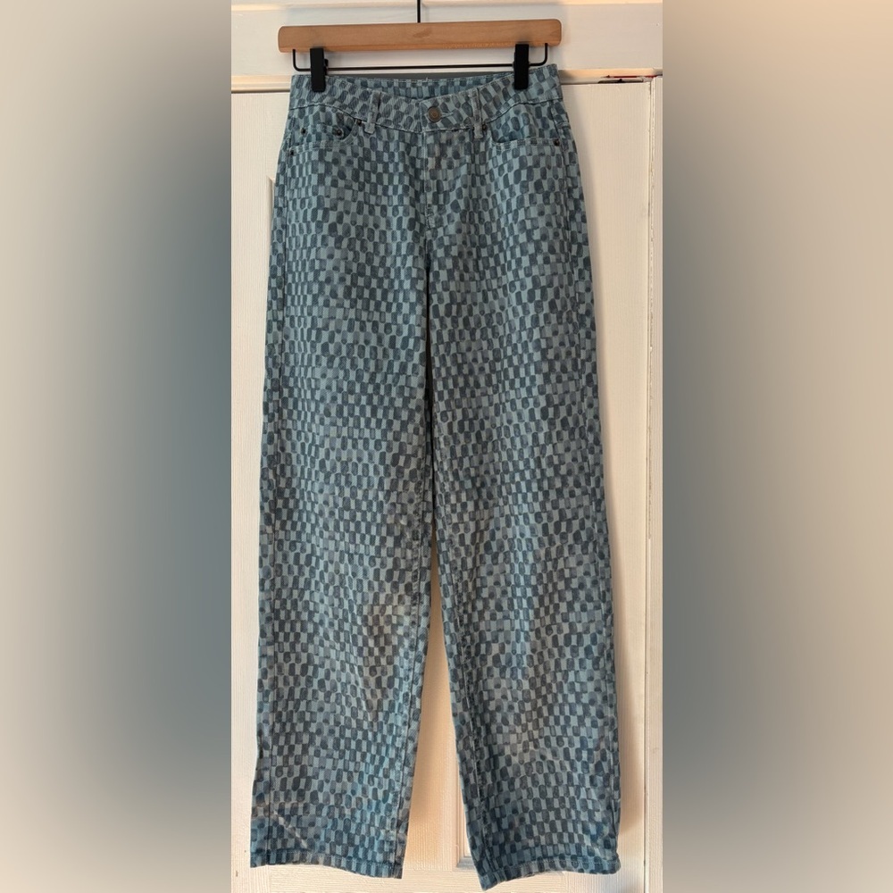 Future Collective Size 00 Waist 28 Checkered Denim Pants NWOT‎